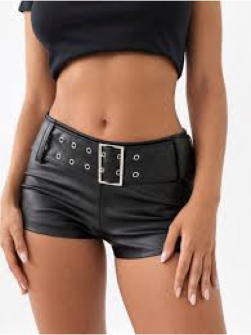 Faux Leather High-Waist Buckle Shorts in Black